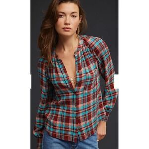 Pilcro Breezy Plaid Button Up Shirt Ruffle Trim Berry Aqua Size M